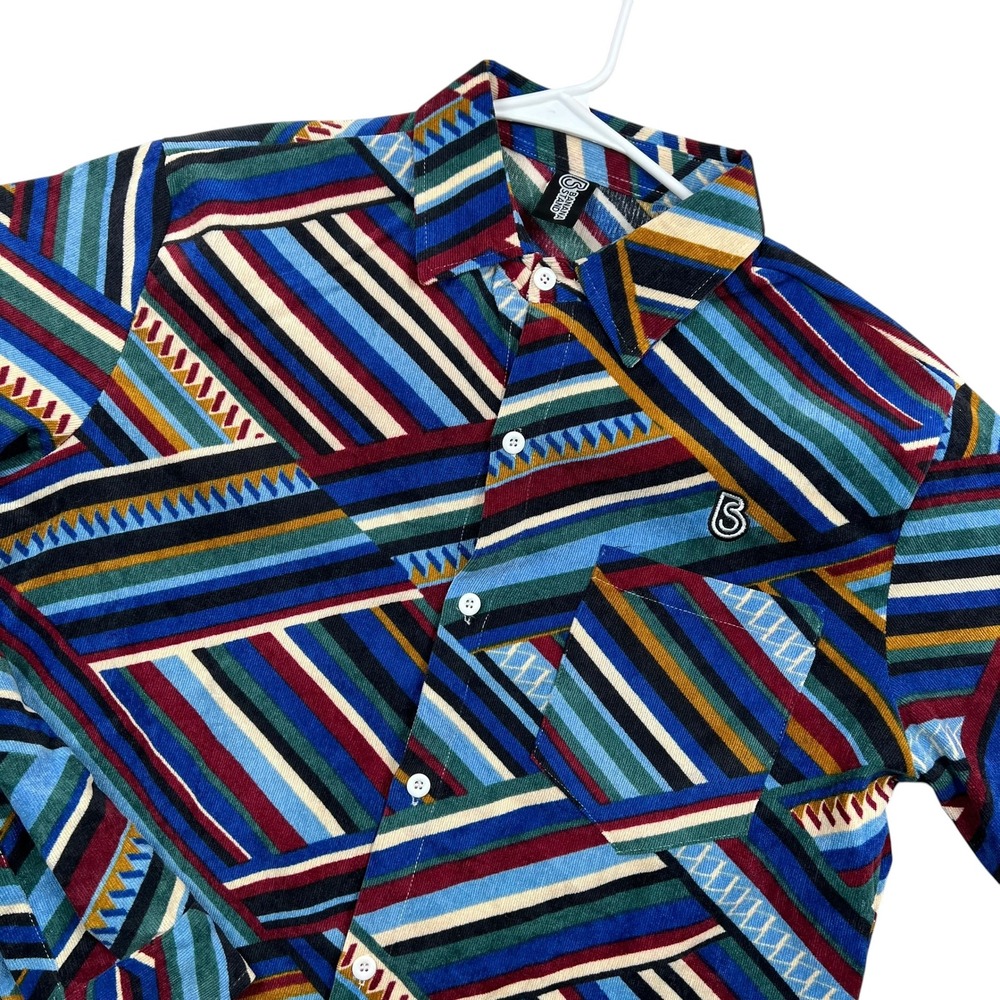 Banana Stand Button Down Shirt Mens Medium Multicolor Corduroy Geometric Striped